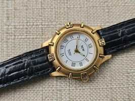 Vintage Armitron Now Women Wristwatch Gold Case Black Leather Strap Watch - $29.00