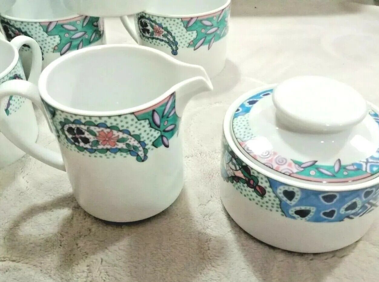 Vtg 90s Studio Nova China 8 Cups, Cream, Sugar bowl Y0284 Paisley Hearts pattern - $28.50