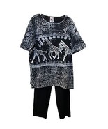 Vintage 1990s EZL Women&#39;s Black Painted Mayan Aztec Style Top and Pants ... - £19.48 GBP