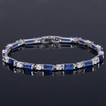 10Ct Emerald Cut Simulated Blue Sapphire Tennis Bracelet 14K White Gold Plated - £214.75 GBP