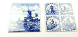 Delfts Blauw Tile Made in Holland Blue &amp; White Handpainted Windmill 2 Tiles - £22.37 GBP