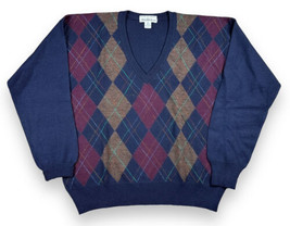 Vtg Saks Fifth Avenue Tricots St Raphael Navy Blue Argyle Sweater V-Neck Wool L - £23.26 GBP