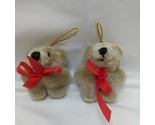 Lot Of (2) Cute Fuzzy Brown 2.5&quot; Teddy Bear With Red Christmas Bow Ornam... - $17.81