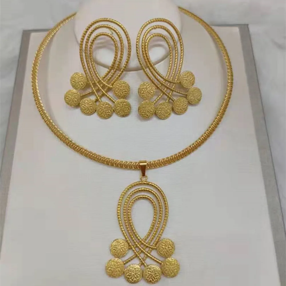 Dubai Gold Color Jewelry Set for Women Weddings Design Necklace and Drop Earring - £33.60 GBP