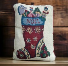 Christmas Tapestry Noel Throw Pillow Vintage Stocking Toys Holiday Snowflakes - £9.17 GBP