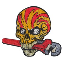 Skull With Wrench Iron On Patch 3.75&quot; Punk Mechanic Biker Motorcycle Embroidered - £3.70 GBP