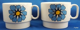 Pagnossin Mod Coffee Cups Set of 2 White Retro Blue Flowers 12 oz Vintage 70s - $36.80