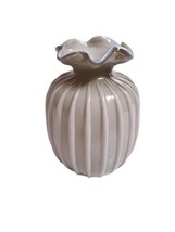 Vtg Blue-Gray Federal Blue Overlay Ribbed Ruffled Melon Style Art Glass Vase - £21.65 GBP