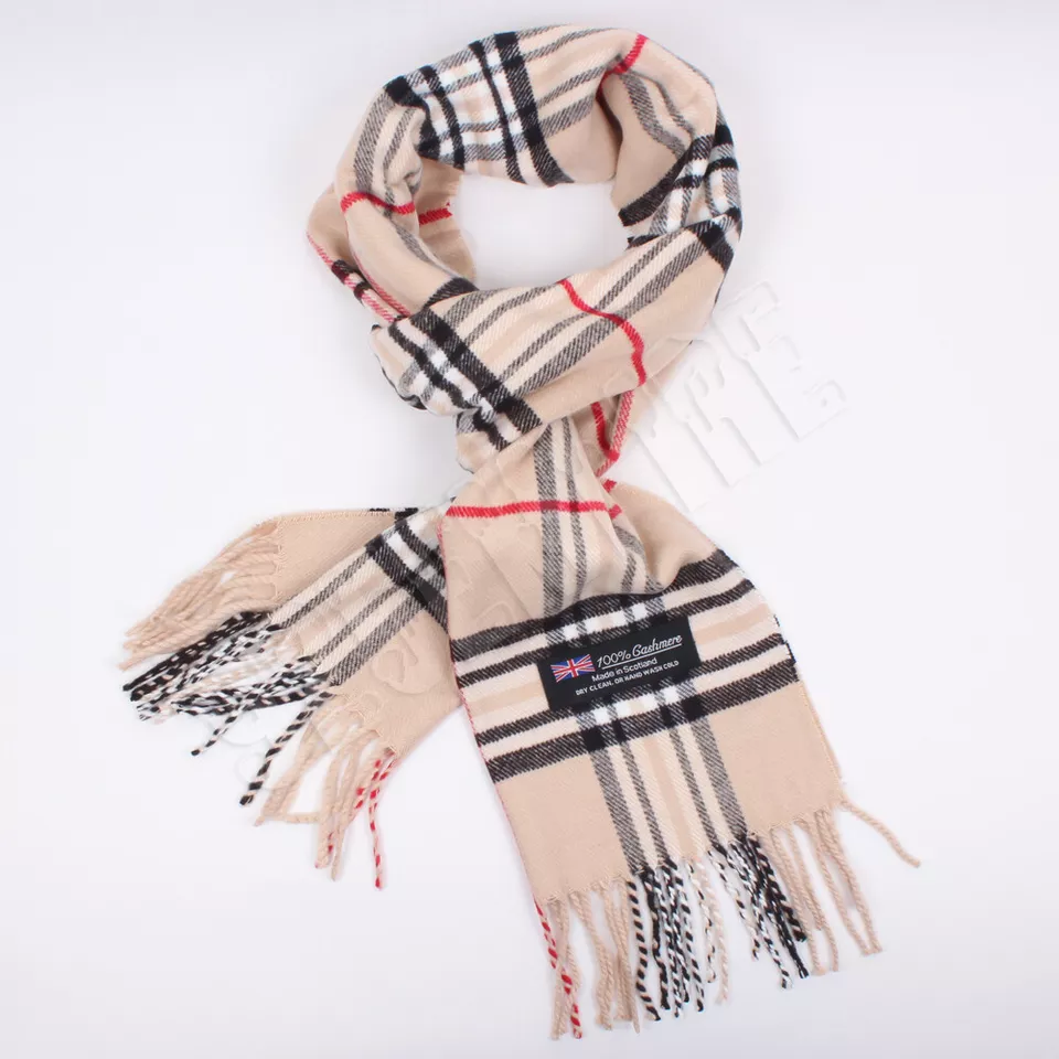 100% CASHMERE Plaid Scarves Warm Solid Plain Winter Check Scarf (Beige) - $18.00