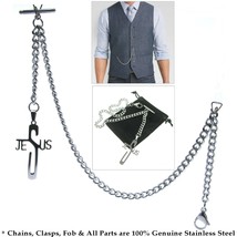 Albert Chain STEEL Pocket Watch Chain Men Fob Chain Cross Design Fob T-Bar ACS03 - £16.43 GBP