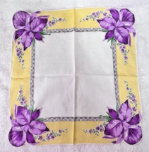 Vintage Hankie Yellow w Purple Iris Orchid Corners 13 Inch Colorful and FUN - £7.61 GBP