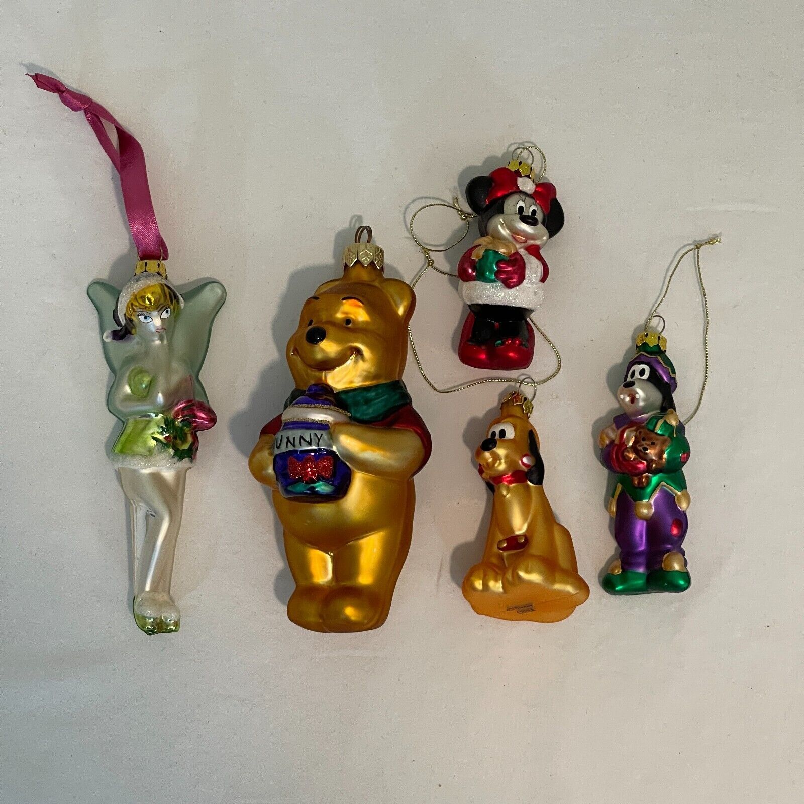 Primary image for LOT of 5 Disney Pooh Minnie Pluto Goofy Tinkerbell Hand Blown Ornaments Tinker