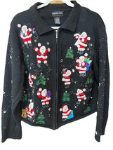 Vintage Ugly Christmas Sweater Sz M Santa Claus Zip Holiday Cardigan Bea... - $26.04 CAD