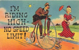 Man On High Wheel BICYCLE-SEES BLONDE-I&#39;M Riding High No Speed LIMIT-1947 Pmk Pc - £5.06 GBP