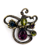 1928 Antique Bronze Tone Purple Green Blue Crystal Brooch Pin - $21.78