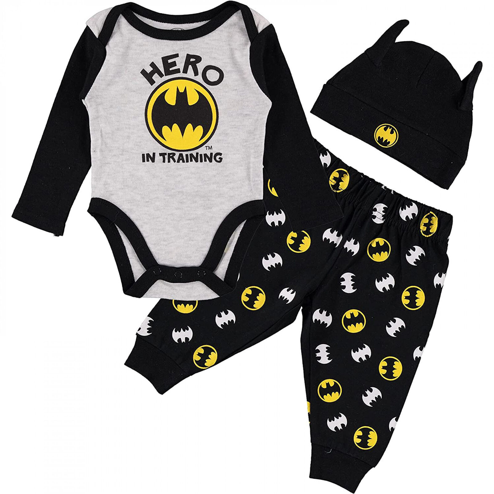 Primary image for Batman Hero In Training 3-Piece Infant Bodysuit Pant and Hat Set Multi-Color