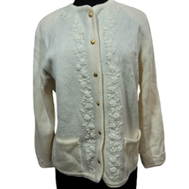 Vintage 80s Cream Button Up Sweater with Floral Design Size Large - £19.46 GBP