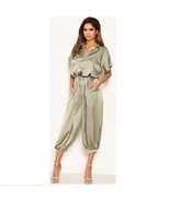 AX Paris Womens 8 Sage Green Satin Button Down Cinched Ankle Jumpsuit NW... - $53.76 CAD