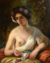 19C antique french oil painting Muller de Paris nude portrait w flower wreath - £1,135.53 GBP