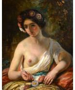 19C antique french oil painting Muller de Paris nude portrait w flower w... - £1,079.40 GBP