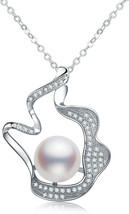 Abstract Oyster Style 10mm Cultured White Pearl Sterling Silver Pendant Necklace - £137.27 GBP