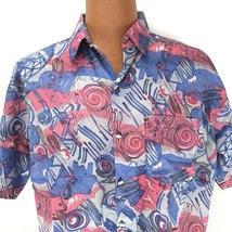 Aloha Hawaiian Size XL Blue Pink Tapas Geometric Swirl Shirt Thai Silk Apple - £31.96 GBP