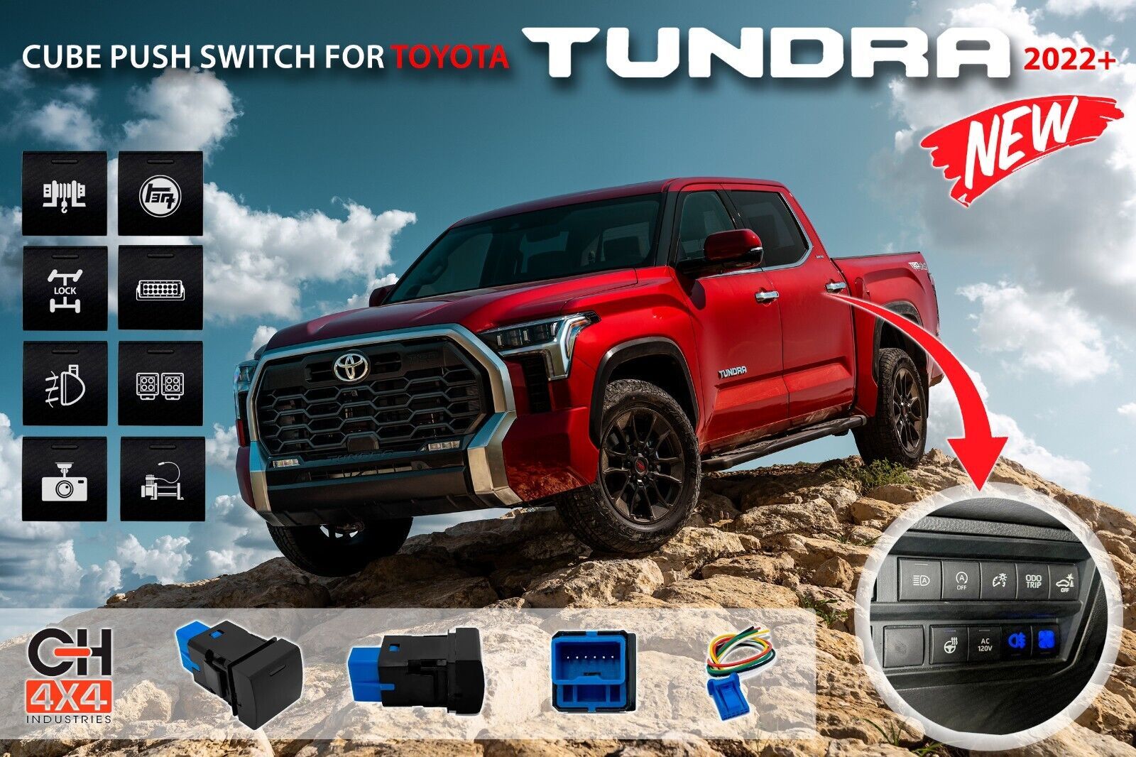 Tundra Rocker Switch CH4x4 Cube Push Switch for Toyota Tundra 2022+ - USB Symbol - Blue LED ...
