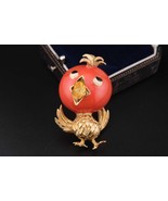 Vintage Signed Ciner Bird Brooch Coral Red Enamel Gold Tone Adorable Whi... - $120.00