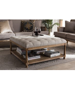 Larissa Weathered Oak Beige Linen Square Coffee Table Ottoman - $15,402.12 MXN