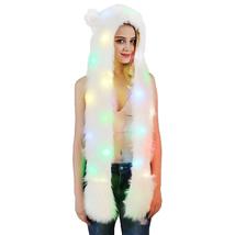 Led Faux Fur Hat 3 In 1 Furry Winter Hat Hood Scarf Mittens For Festival... - $33.95