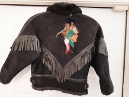 CHARLES PARIS Youth Faux (?) Suede Leather Jacket Western Fringe Winter Black M - $59.93