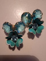 Vintage Blue Flower Earrings Rhinestones Clip On  - £18.64 GBP