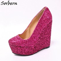 Rose Red Glitter Women Wedge High Heels Slip On Shoes Work Shoes Women Party Hee - £151.50 GBP