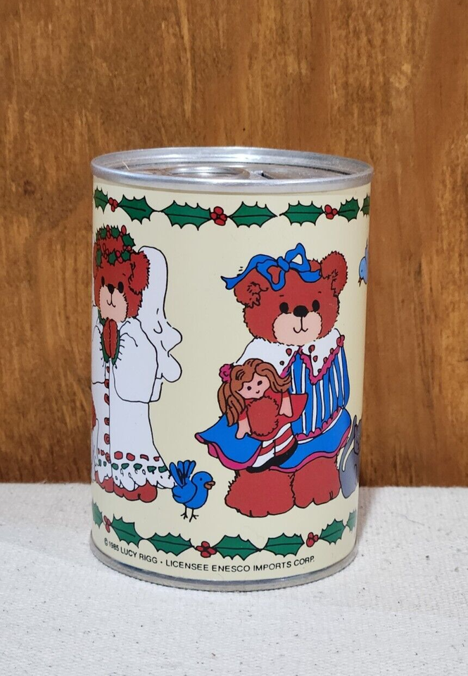 Vintage 1985 Enesco Lucy Rigg Bear Christmas Small Tin Coin Bank Piggy Bank - $12.19