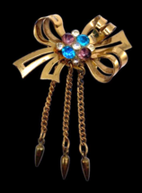 Gold Tones Metal Bow Brooch with Round Blue Purple Clear Rhinestones Vintage 2&quot; - £29.68 GBP