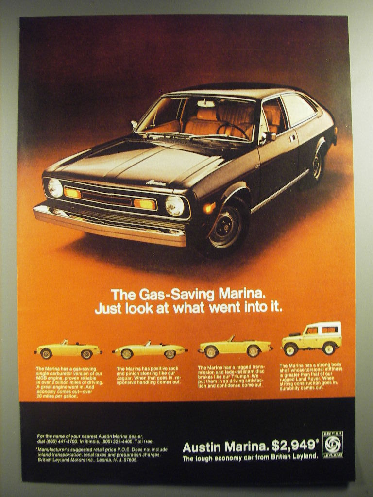 Primary image for 1974 Austin Marina Car Ad - The gas-saving Marina. Just look at what went into 