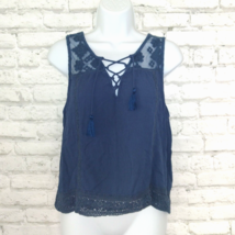 Aeropostale Blouse Women Small Blue Sleeveless Lace Up V Neck Embroidere... - £12.62 GBP