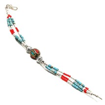 Tibetan Turquoise, Red Coral Gemstone Jewelry Bracelet Nepali 6-7&quot; SA 1579 - £4.08 GBP