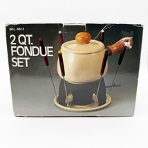Vintage Fondue Pot Set w/ Box Ivory Enamel 2 Qt. NOS Forks Tray Wood Handle - $45.00