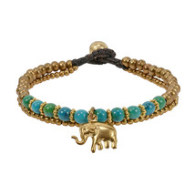 Mighty Brass Elephant w/ Green Malachite &amp; Brass Beads Jingle Bell Bracelet - £8.09 GBP