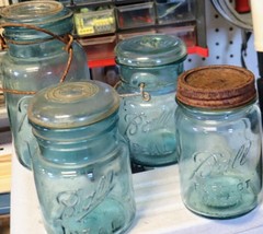 Vintage set of 4 Ball blue jars 3 pints(2)Ball Ideal, 1 pat.1908 .(1) perfect ma - £31.41 GBP