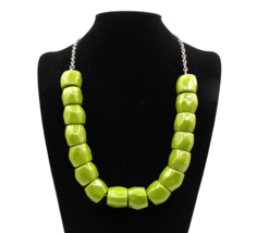 Retro Olive Green Chunky Bead Acrylic Lucite Necklace Silver Chain Necklace 22&quot; - £9.90 GBP