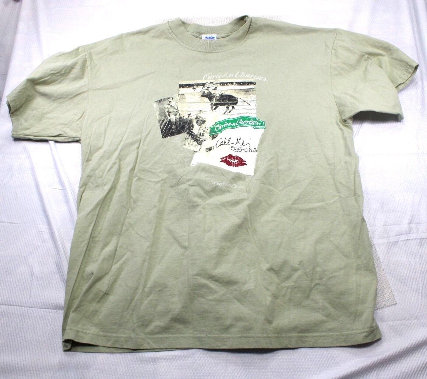 Carlosn Charlies Graphic T-Shirt XXG/XXL Olive Green 100% Cotton Casual Top - $19.25