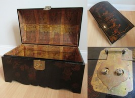 vintage CHINESE LAQUERED TRUNK wood storage box hand painted BRASS HARDW... - £580.17 GBP