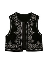 TRAF Women Fashion With Sequins Embroidery Velvet Open Waistcoat Vintage O Neck  - £35.79 GBP