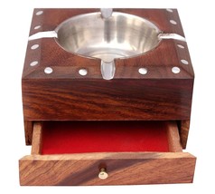 Beautiful Wooden Ashtray with Cigarette Holder 4 Slots Brown For Home Office Car - £14.52 GBP