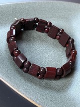 Dark Rusty Red Cranberry Two Beads &amp; Crescent Stone Bead Stretch Bracelet – - £11.88 GBP