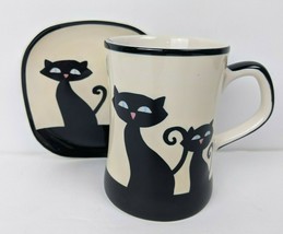 Hues N Brews Black Cat Coffee Tea Cup Mug &amp; Saucer Cream - £17.05 GBP