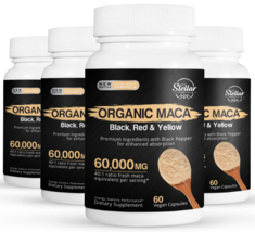 4 Pack Organic Maca, Black, Red and Yellow, boost energy-60 Capsules x4 - £100.12 GBP