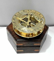 Antique vintage brass compass 3&quot; nautical sundial with wooden box décor gift new - £32.87 GBP